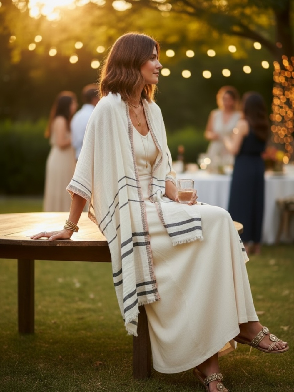 Woven Striped Lightweight Summer Wrap Scarf 27” x 72” Ivory Black Boho Summer